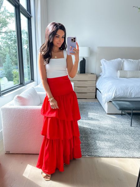 Wearing an xs in red tiered ruffle maxi skirt, easy & comfortable resort dinner look 

#LTKunder100 #LTKstyletip #LTKSeasonal