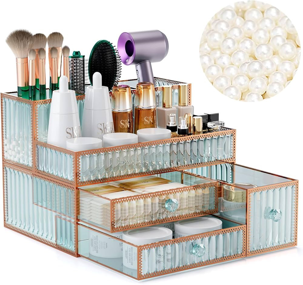 Tempered Glass Makeup Organizer - Elegant Vanity Storage for Cosmetics, Hair Tools, Brushes, Perf... | Amazon (US)