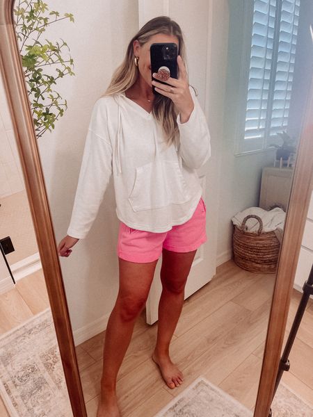 My fave little hoodie for summer! I’m in a medium. Go up one!! // size small comfy summer pull on shorts from aerie. // 
