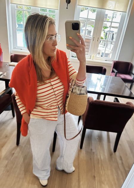 SEZANE cardigan and stripe top
H&M pajama pants 
Chloe bag
Saint Laurent loafers 

#LTKtravel #LTKmidsize #LTKshoecrush