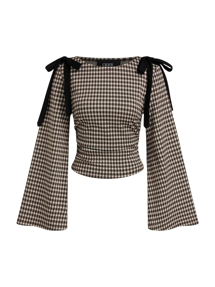 CIDER Tops Gingham Bowknot Ruched Long Sleeve Boat Neck Slim Fit Top | Amazon (US)
