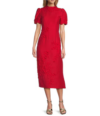 Willow Floral Applique Mock Neck Short Sleeve Midi Dress | Dillard's