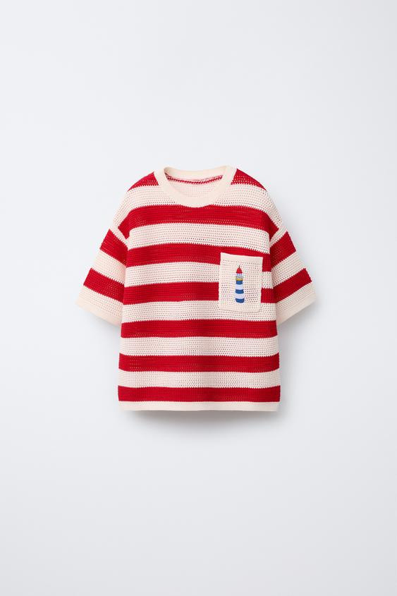 STRIPED KNIT T-SHIRT WITH EMBROIDERED LIGHTHOUSE | Zara US