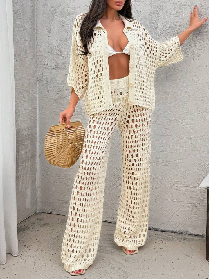 RueChic Women Hollow Out Cut Out Button Front Knit Shirt Top And Sweater Pant 2pcs Set Co-Ords Co... | SHEIN