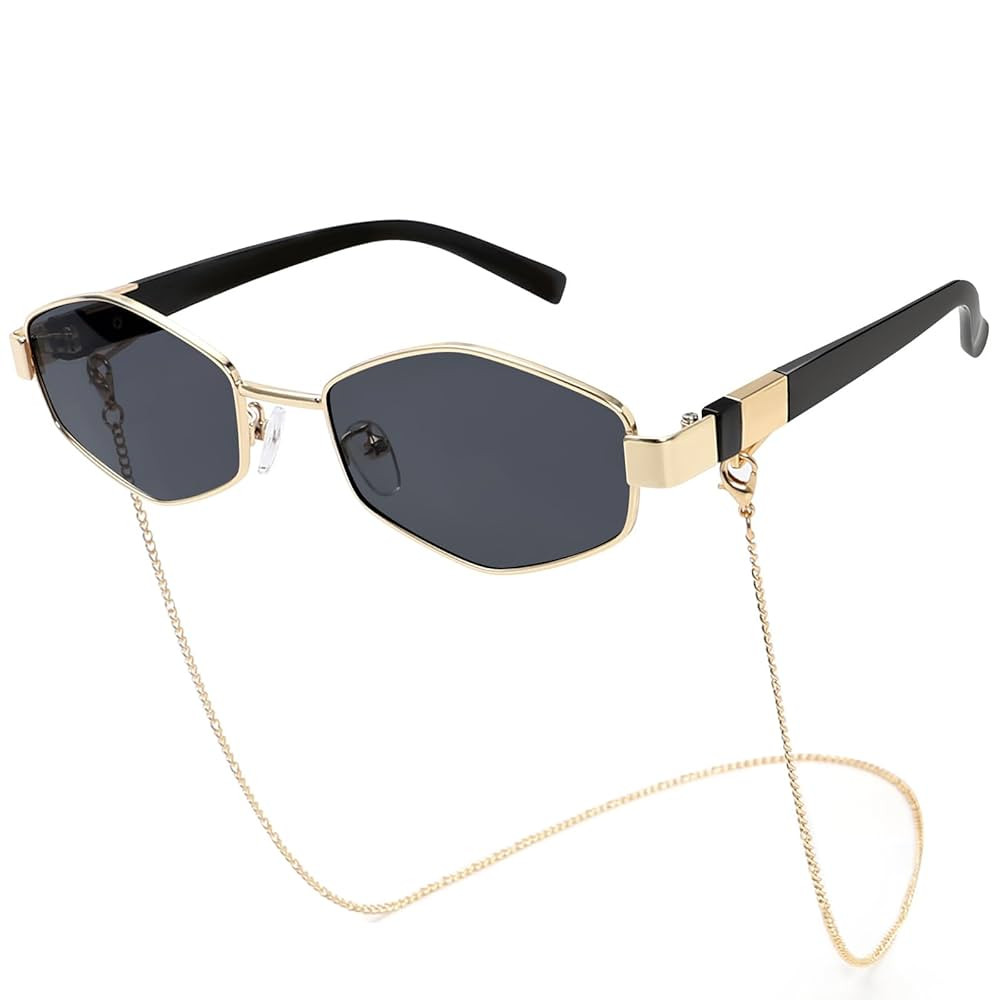 Trendy Hexagon Sunglasses For Women Retro Designer Metal Classic Shades Sun Glasses with Chain | Amazon (US)