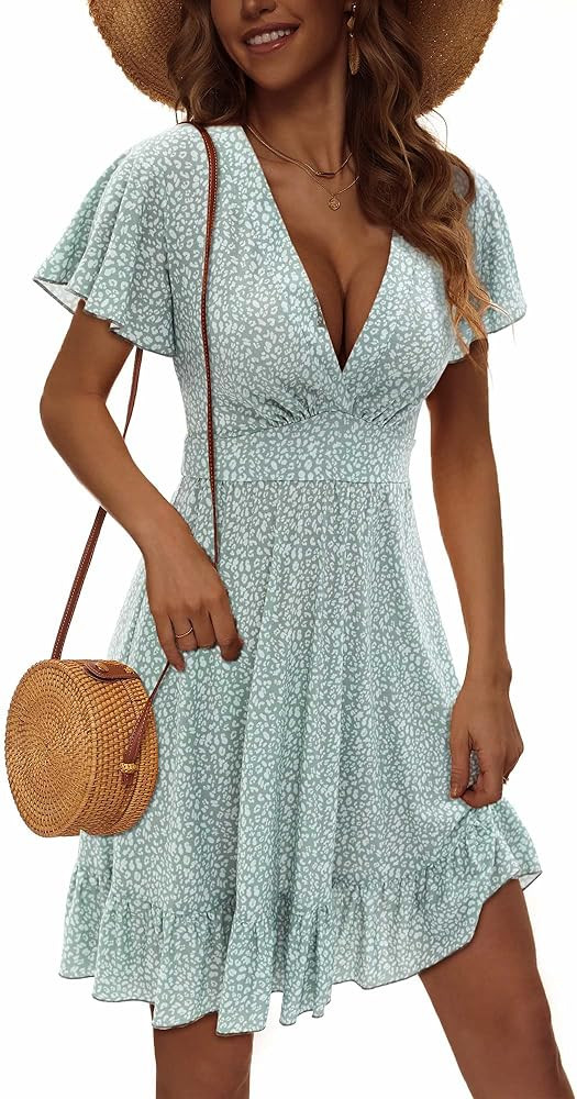 TORARY Womens Summer Dresses 2024 Floral Cap Sleeve Wrap V Neck Ruffle A-Line Sun Dress | Amazon (US)