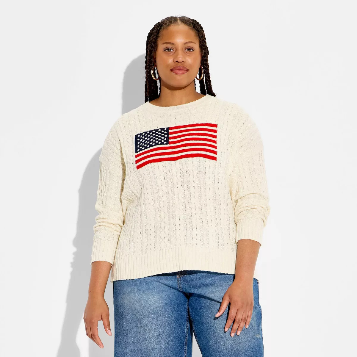 Women's Crewneck American Flag Pullover Sweater - Wild Fable™ Dark Off-White Flags XXL | Target