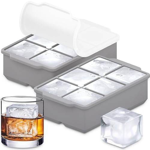 KitchFort Large Silicone Ice Cube Tray (2-Pack), Easy Release 2" Big Ice Cubes - Cocktail, Whiskey Ice Cubes Mold - Ice Trays for Freezer with Lid - Stackable Silicone Ice Tray - Gray | Amazon (US)