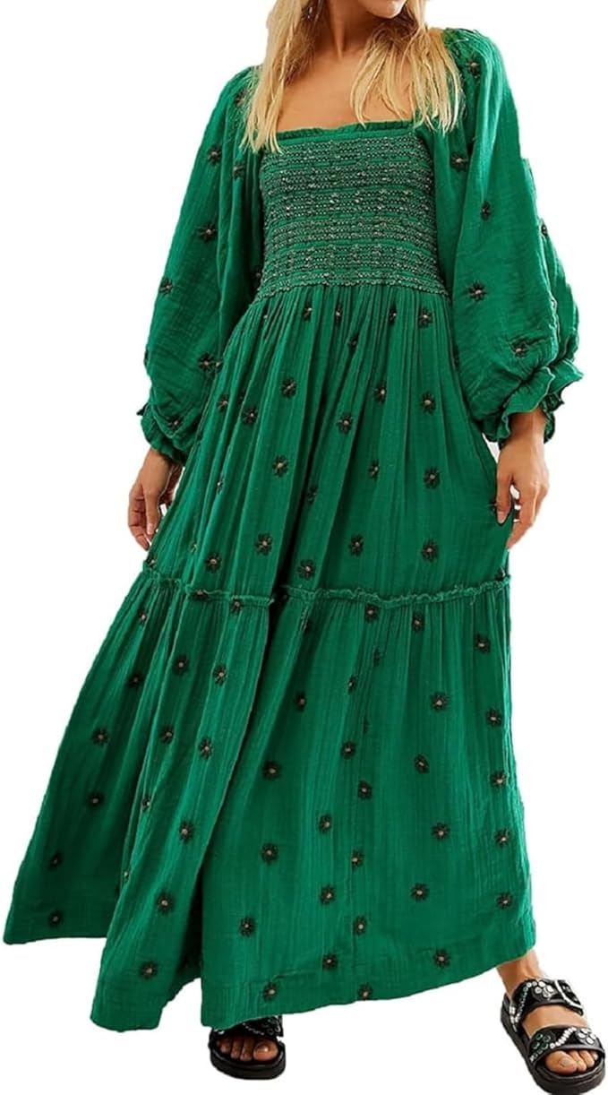 Women Floral Embroidered Maxi Dress Long Puff Sleeve Square Neck Bohemian Flowy Dress with Pocket... | Amazon (US)