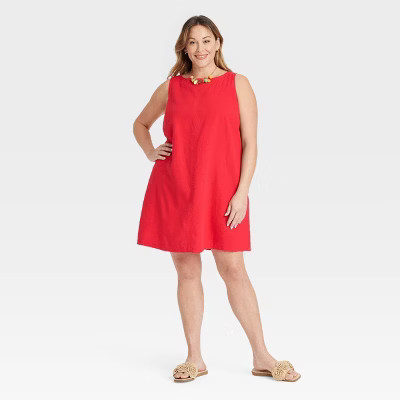 Women's Linen Woven Mini Shift Dress - Ava & Viv™ Red 2X: Plus Size, Midweight, Sleeveless, Key... | Target