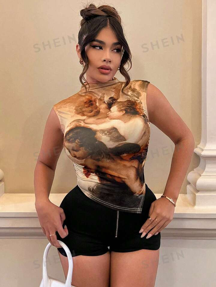 SHEIN SXY Sexy Figure Graphic Asymmetrical Hem Tee | SHEIN