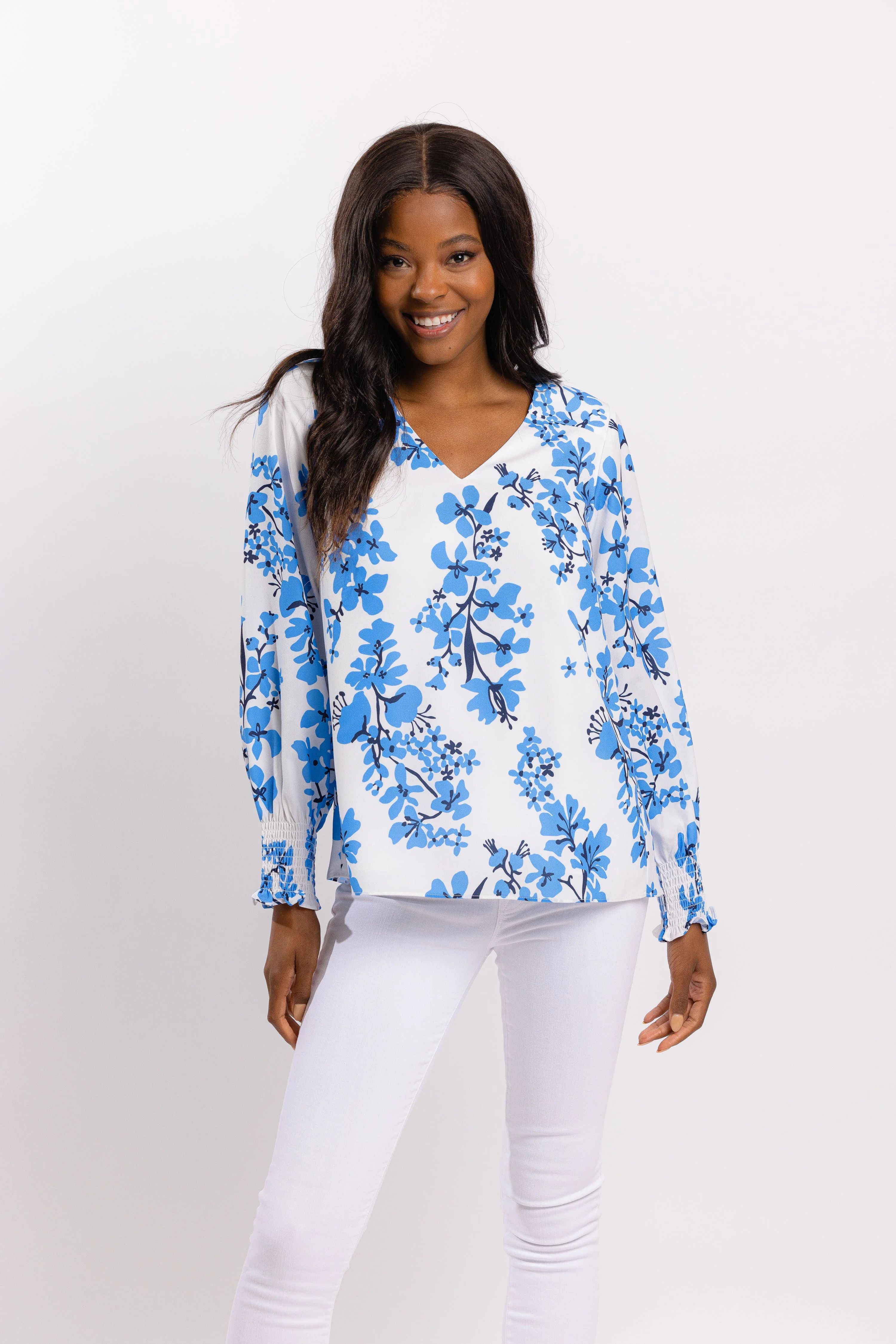 Blue Vines Print Long Sleeve V-Neck Top | Sail to Sable