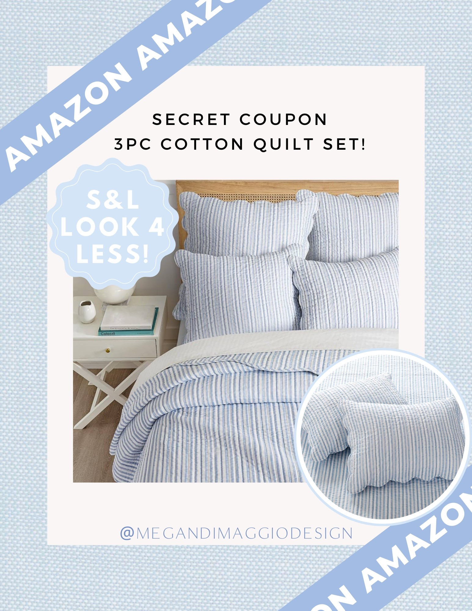 Secret coupon alert on this new Serena & Lily look 4 less blue and white stripe scalloped 3 piece quilt set!! Made with cotton so it’ll be nice and soft 🙌🏻 available in multiple sizes too!

#LTKSaleAlert #LTKHome #LTKFamily