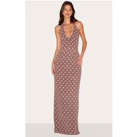 Chocolate Chiffon Polka Dot Printed Plunge Neck Maxi Dress | PrettyLittleThing US