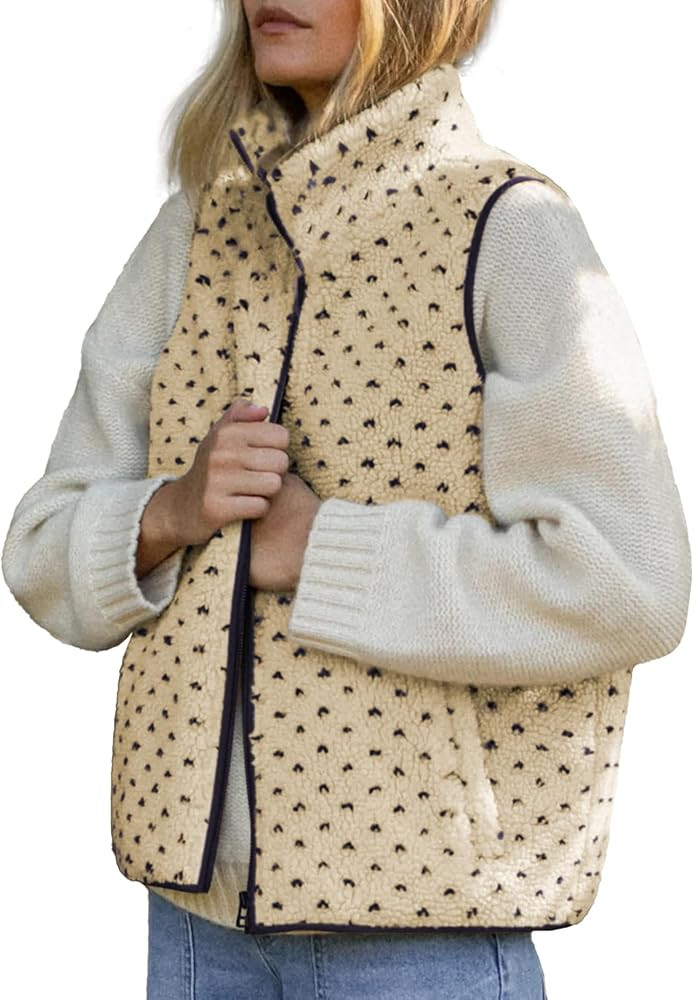Fleece Vest Women Mock Neck Polka Dot Sherpa Vests Full Zipper Fuzzy Jacket Oversized Gilet Outer... | Amazon (US)