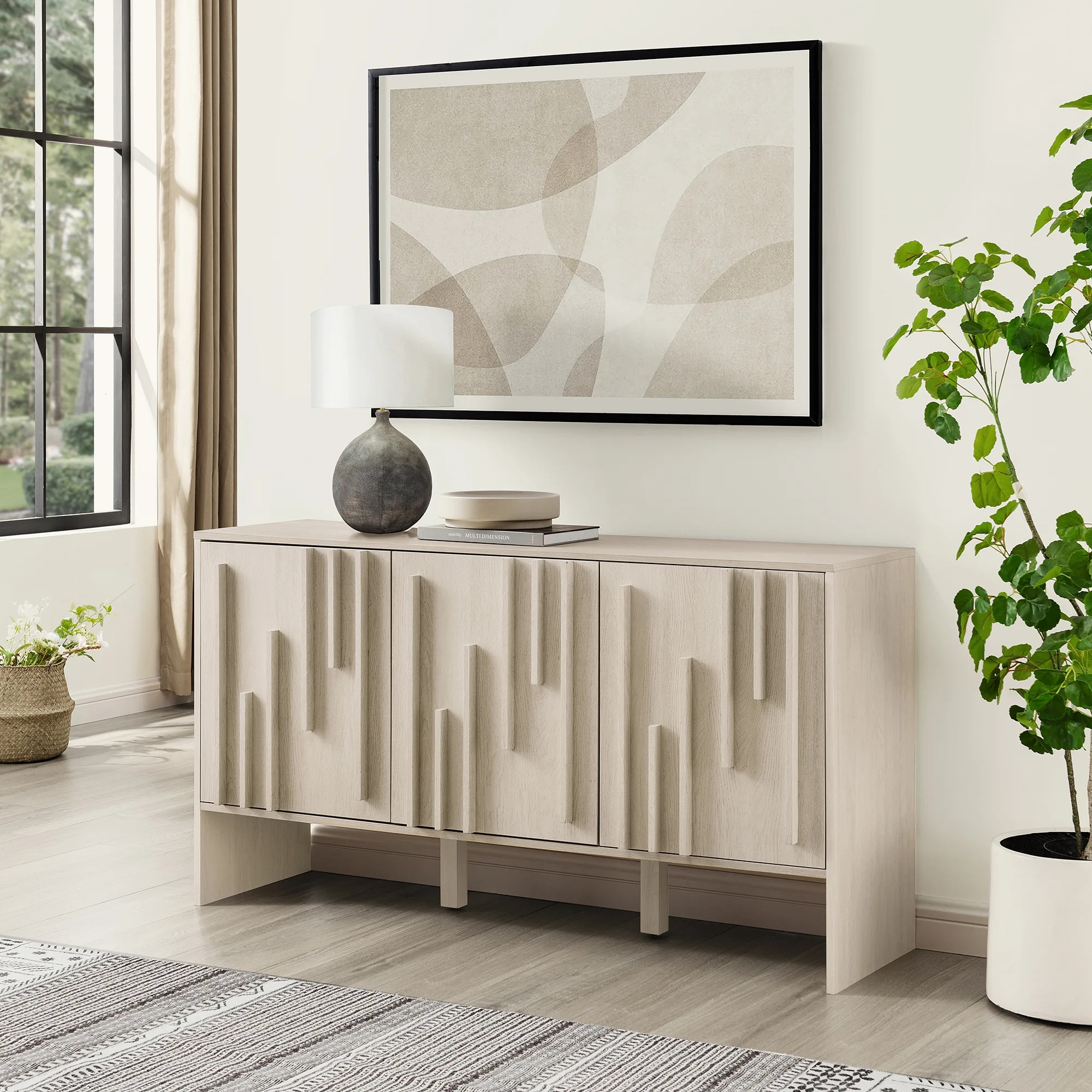Manor Park 55” Contemporary Vertical-Detailed 3-Door Sideboard, Ivory Oak | Walmart (US)