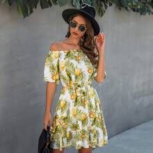 Tropical Lemon Print Bardot Ruffle Hem Dress | SHEIN