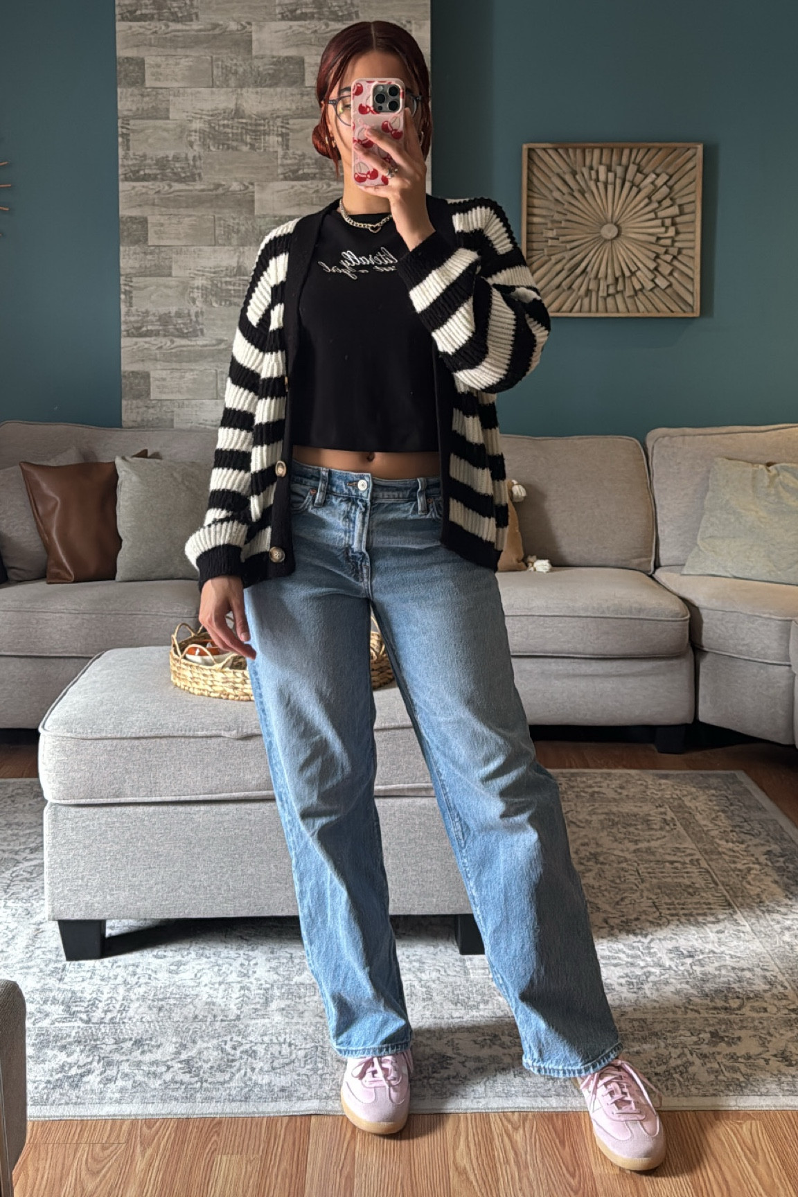 Casual outfit, outfit inspo, fall fashion, striped cardigan, fall outfits, black shirt, denim jeans, wide bottom jeans, pink sambas, pink adidas, adidas sambas 

#LTKShoeCrush #LTKFindsUnder50 #LTKStyleTip