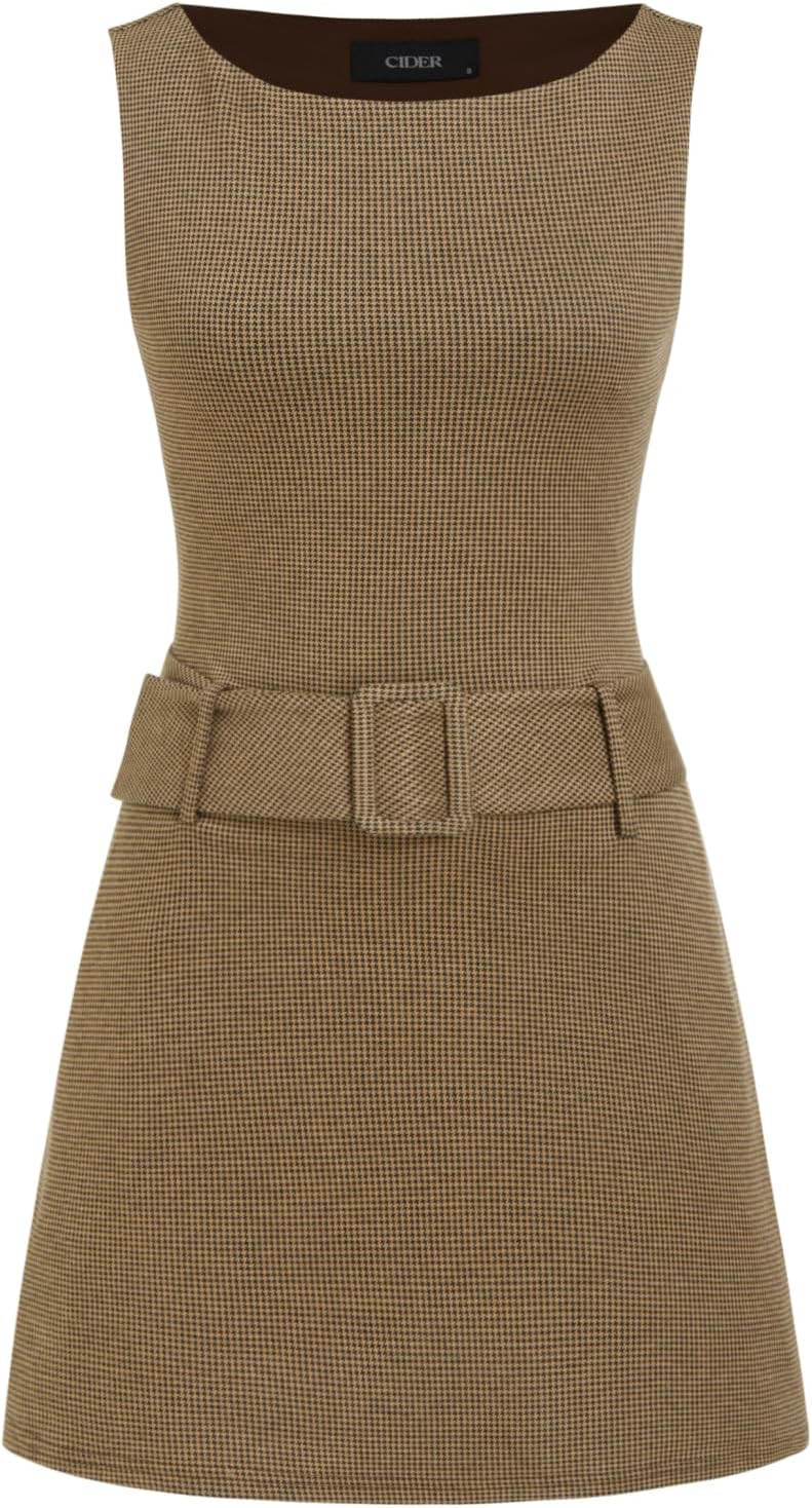 CIDER Women Plaid Blazer Dress Houndstooth Belted Boat Neck Mini Work Dress | Amazon (US)