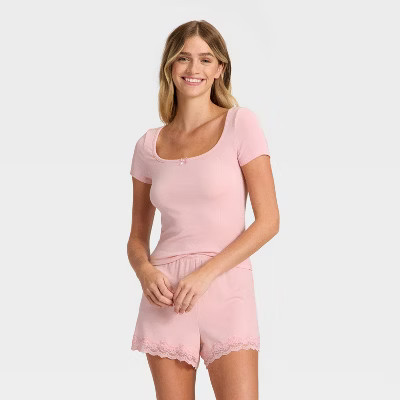 Women's Ribbed Short Sleeve Shirt and Shorts Pajama Set - Auden™ Pink XXL | Target