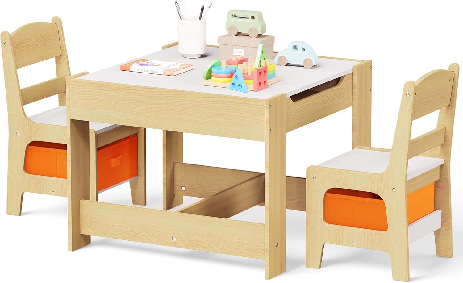 Kinder King Kids Wood Table & 2 Chairs Set, 3 in 1 Children Activity Table w/Storage, Removable T... | Amazon (US)