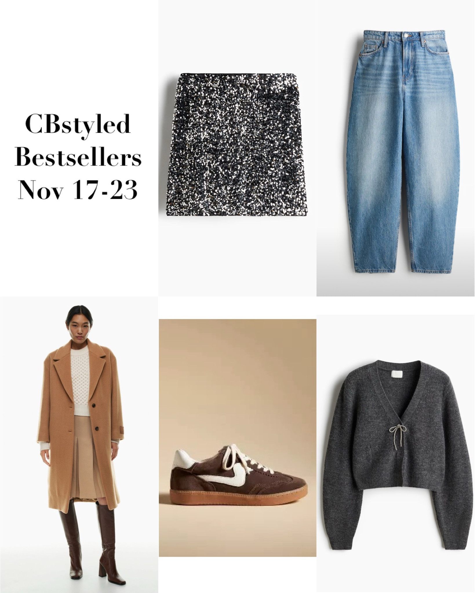 Nov 17-23 bestsellers! I’m 5’ 7” size 4ish: 
1. Sequin mini skirt: perfect for all your holiday event outfits! Currently sold out but I’ll keep an eye out for it to restock. Fits tts, I sized up one to 6 and it’s only a little bit loose on me.
2. Barrel leg jeans: restocked & new washes added! I love that they aren’t a very exaggerated barrel style, fit tts (I usually size up one in H&M jeans but these fit great in my usual size). 
3. Classic wool coat: pricy but amazing quality. Two years ago I tried on ten wool coats and this was the favorite. I have it in two colors, fits tts. 13 colors available. On sale for the Clientele sale, log in to your account to see the discount. Everyone gets access Monday. 
4. Sneakers: trendy suede, cute & comfortable, fit tts, 14 colors. Nordstrom has them in stock in lots of colors but not brown, Anthro is now shipping brown in early January. PS I swapped the laces for brown ones from Amazon (also linked) 
5. Cardigan with sparkly bow detail: fun and cozy for the holidays. Fits tts, is a bit low cut.
I also linked a few more items from the most popular items last week

#LTKStyleTip #LTKSeasonal #LTKParties