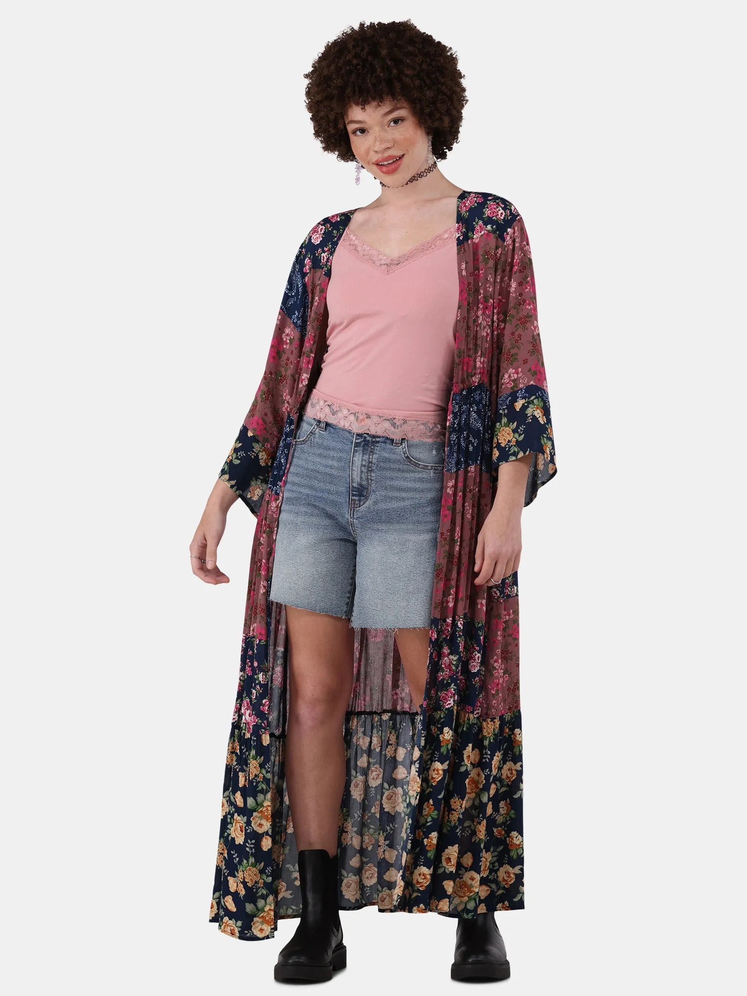 No Boundaries Women's Viscose Mixed Print Fashion Coverup, S/M, Blue Multi | Walmart (US)