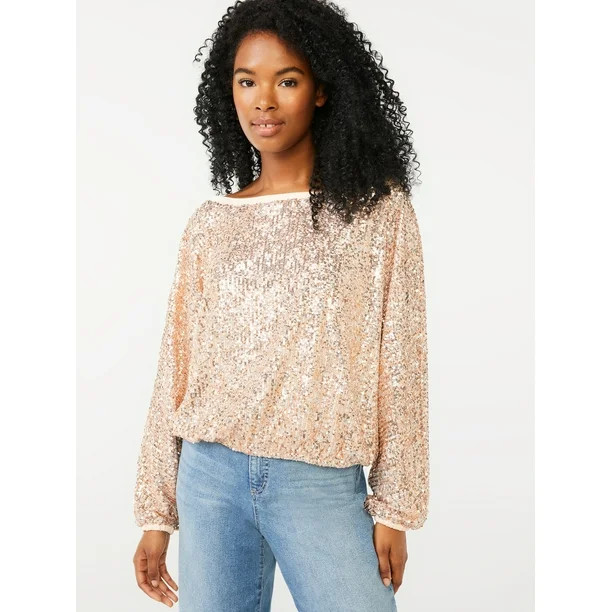 Scoop Women's Wide Neck Sequin Top - Walmart.com | Walmart (US)
