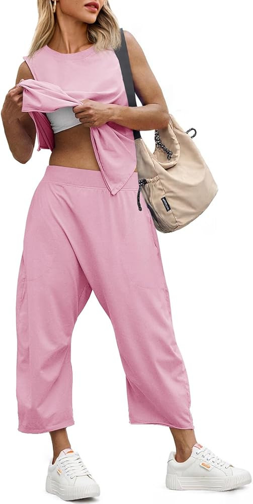 Fisoew Women's Summer 2 Piece Outfits Sleeveless Tank Tops Wide Leg Pocketed Pants Workout Sweat ... | Amazon (US)