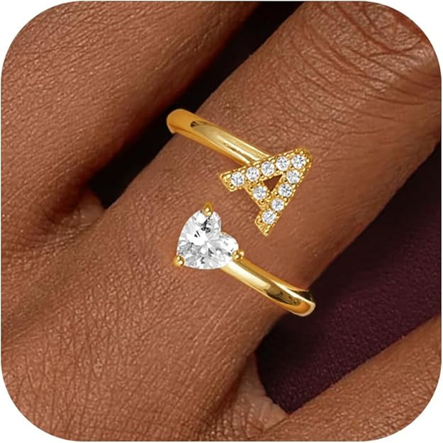 Valentines Day Gifts Initial Gold Rings for Girls Women - Dainty 14K Gold Plated Adjustable Lette... | Amazon (US)