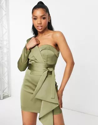 Lavish Alice satin mini blazer dress with waist belt in khaki | ASOS | ASOS (Global)