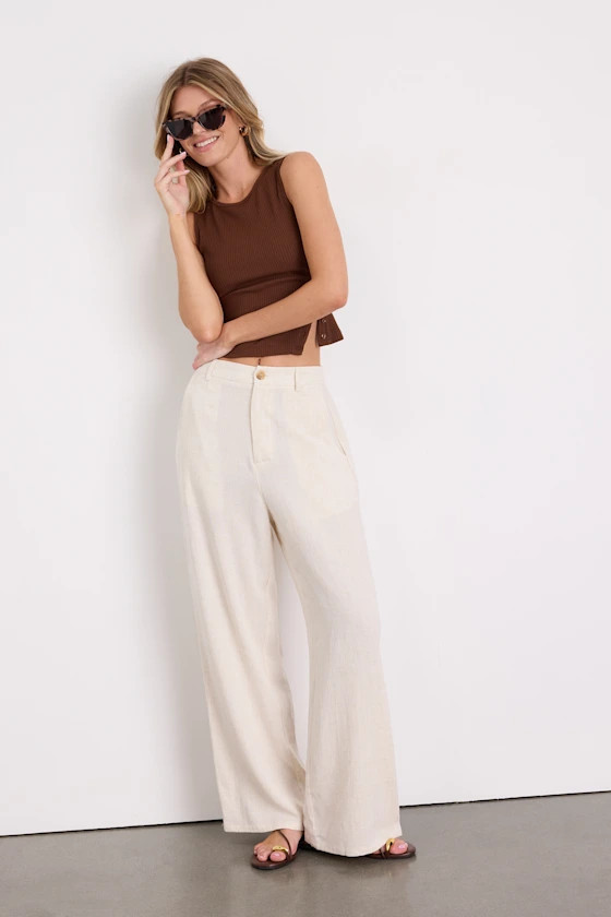 Stylish Ease Beige Linen High-Rise Wide-Leg Trouser Pants | Lulus