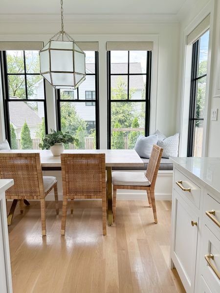 Kitchen nook, breakfast nook, banquette, rattan chair, kitchen table, dining chairs, table pendant light, small chandelier, brass cabinet hardware, coastal home, dining room furniture, trestle table, wishbone table, morris lantern, visual comfort, balboa dining chair, Serena and Lily, West Elm 

#LTKFind #LTKstyletip #LTKhome