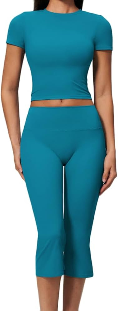 HSQSMWJ Crop Top High Waist Scrunch Butt Leggings Yoga Set | Amazon (US)