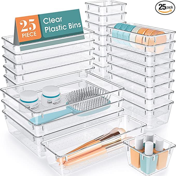WOWBOX 25 PCS Clear Plastic Drawer Organizer Set, 4 Sizes Desk Drawer Divider Organizers and Stor... | Amazon (US)