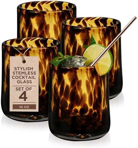 IMPULSE! Tortoise Leopard Print Brown 10 oz. Rocks Glasses, Set of 4 - Stylish Stemless Cocktail ... | Amazon (US)