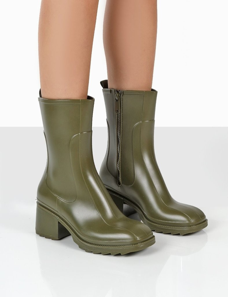 Rainyday Green Chunky Zip Up Heeled Wellies | Public Desire (US & CA)