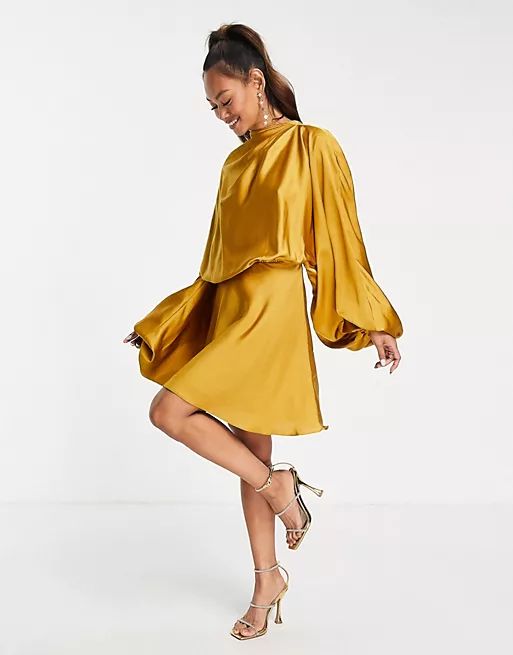 ASOS DESIGN blouson sleeve satin mini dress with open back in gold | ASOS (Global)