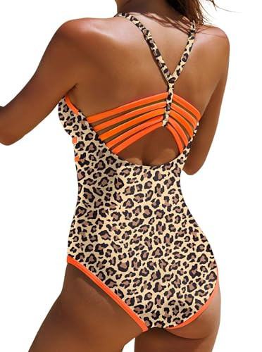 popvil Women One Piece Swimsuit 2026 Sexy Neon Color Block Bathing Suit for Women Back Strappy Low Back Slimming Swimwear, Brown Leopard, Medium | Amazon (US)