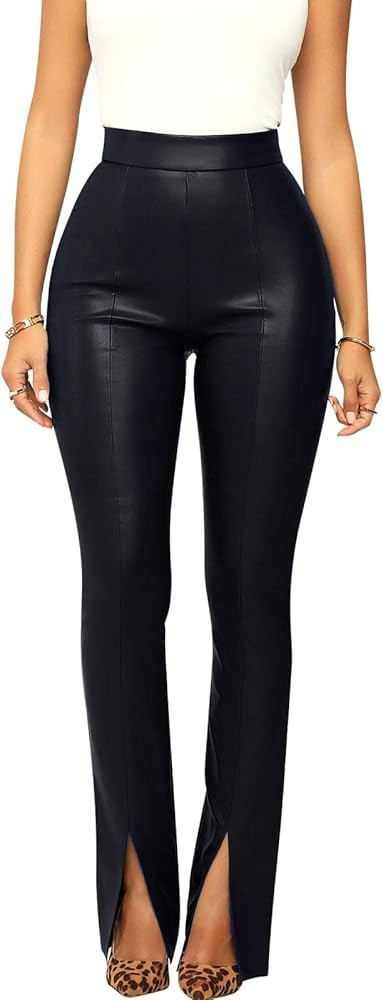 Women's Faux Leather Pants High Waist Front Seam Split Hem PU Leather Pants | Amazon (US)