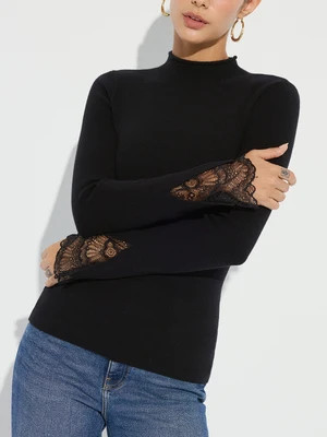 Mock Neck Lace Cuff Knit Top | Commense