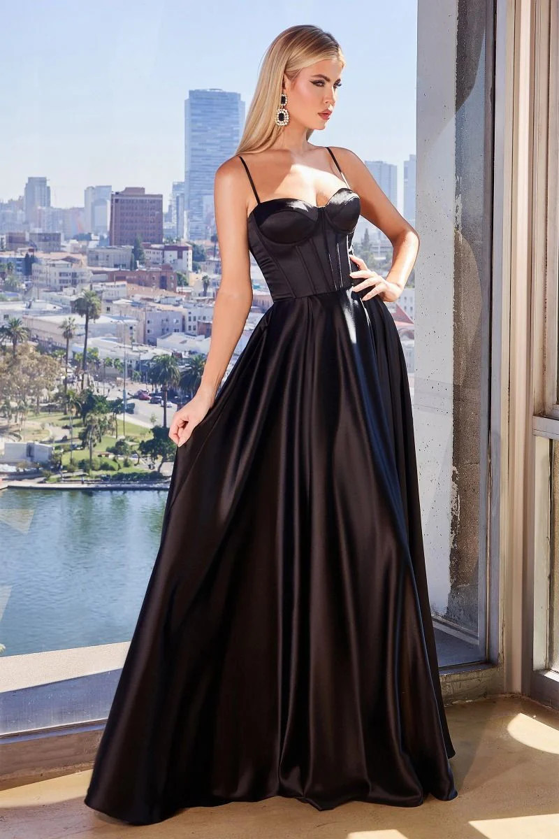 SELMA GOWN - BLACK - A-LINE LUXE SATIN BUSTIER DRESS | Lady Black Tie