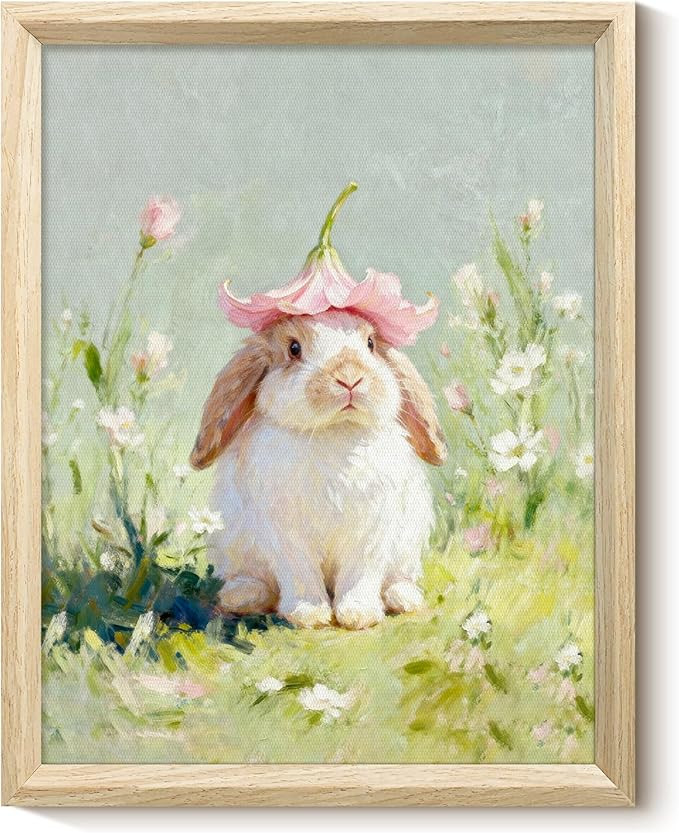 VIYYIEA Funny Easter Bunny Decor Wooden Textures Framed Wall Art, Flower Hat Rabbit Canvas Prints... | Amazon (US)