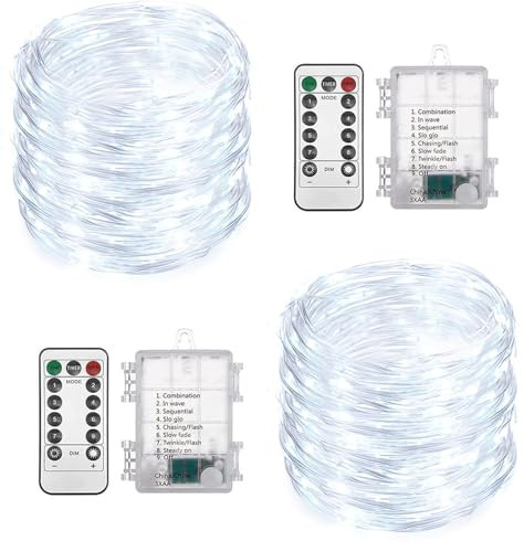 2 Pack Total 200 LED Fairy Lights Battery Operated String Lights with Remote & 8 Modes, 33FT Waterproof Copper Wire Battery Powered Twinkle Lights for Outdoor Christmas Parties Decoration White | Amazon (US)
