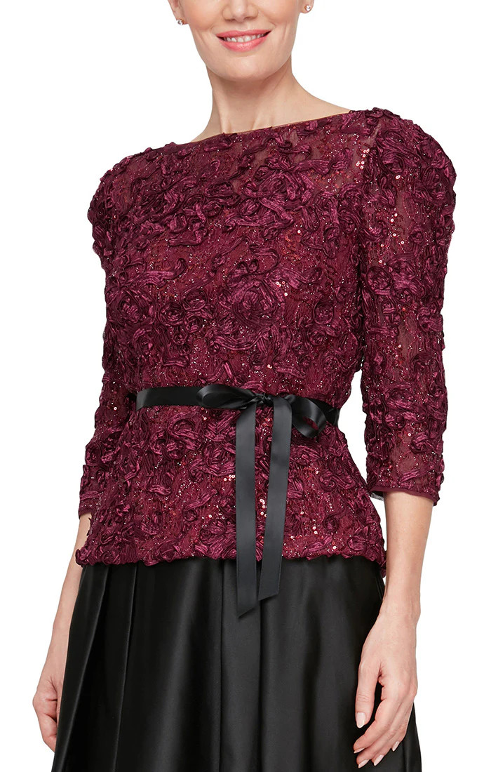 3/4 Sleeve Soutache Blouse with Puff Shoulder Sleeve Detail, Illusion Neckline &amp; Tie Belt | Alex Evenings