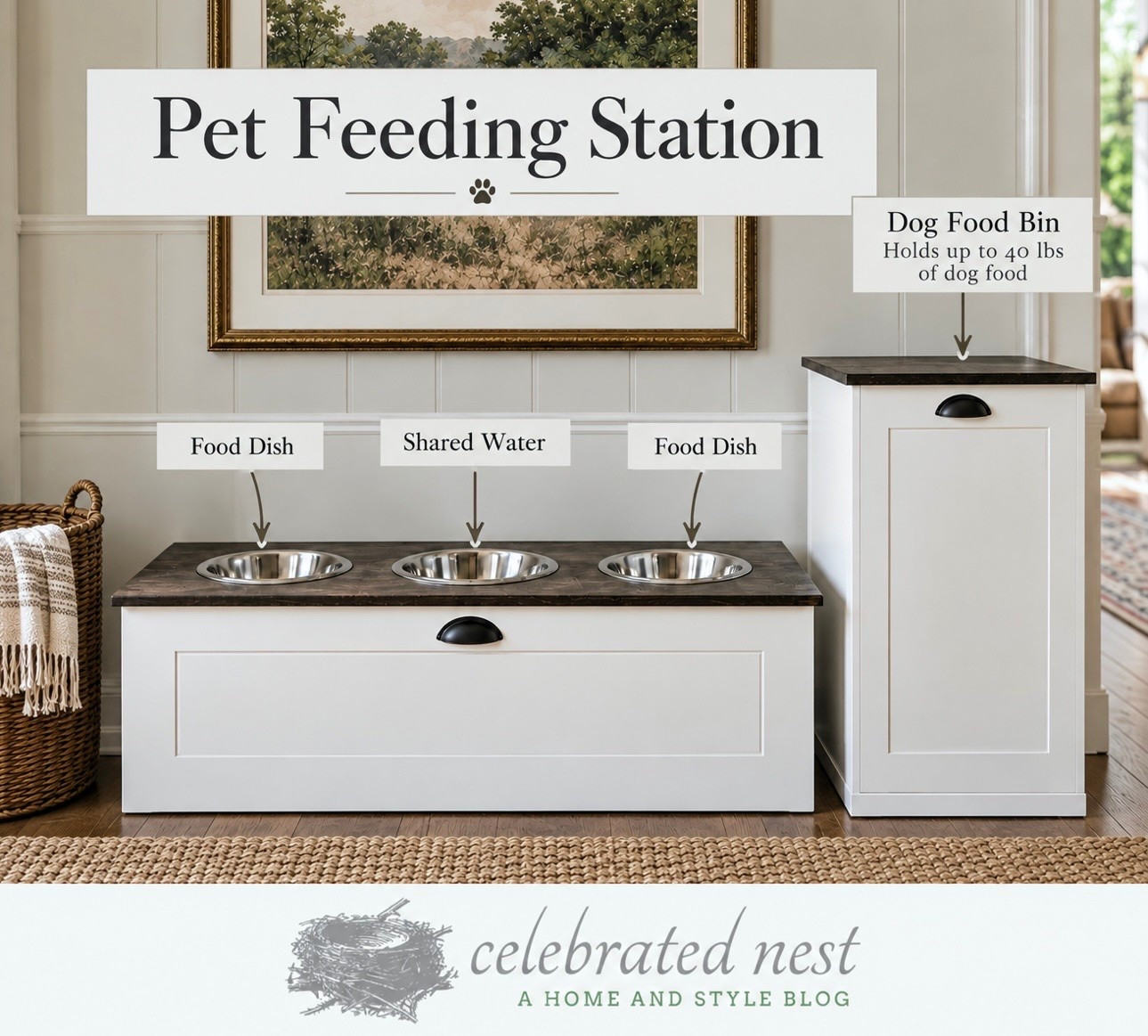Add a stylish dog feeding station to your home. With our two chocolate labs this feeding station has been a game changer. Food - water - food. We also have the tower that holds their kibble.