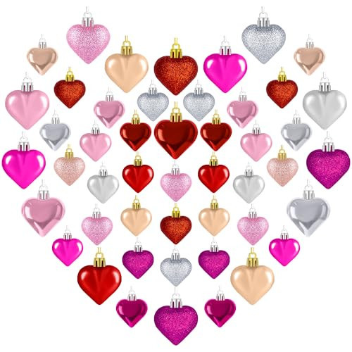 48PCS Valentine's Day Heart Shaped Ornaments - Classic Red Pink Silver Rose Rosegold Colors, Hanging Hearts for Tree Decorations | Amazon (US)