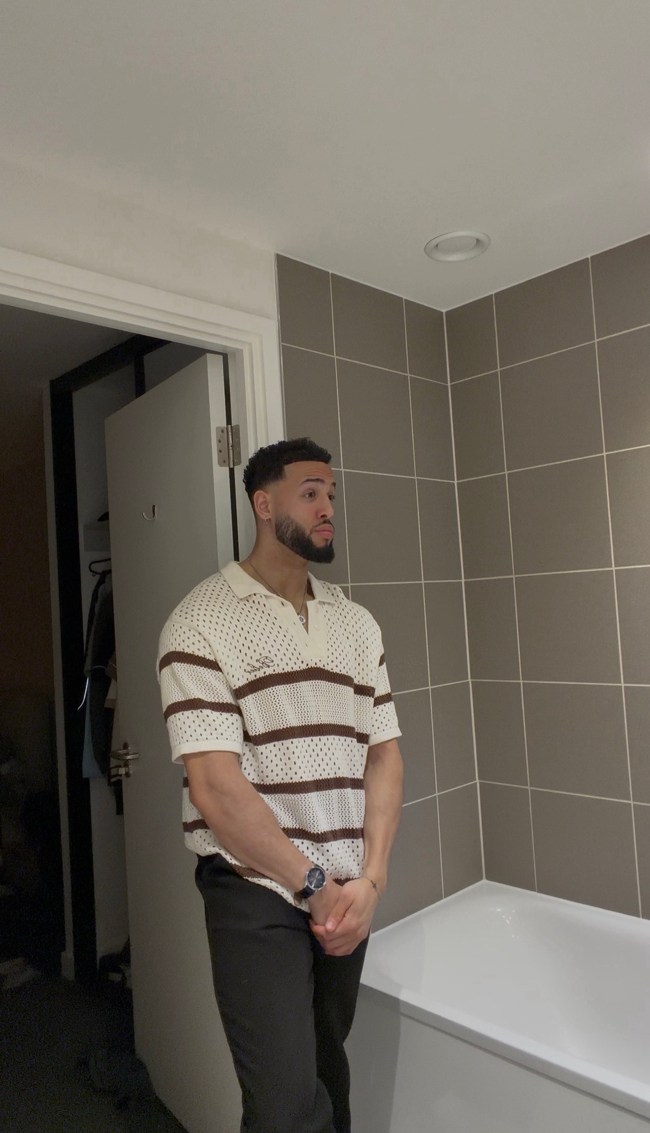 Cream and brown stripes with black tailored trousers 🤎 A crochet polo adds texture to an easy smart casual look for dinner, date night or holiday evenings. Shop similar pieces below to recreate this outfit.

Mens crochet polo | striped knit shirt | black trousers | smart casual outfit 

 #LTKuk #LTKdatenight #LTKmens