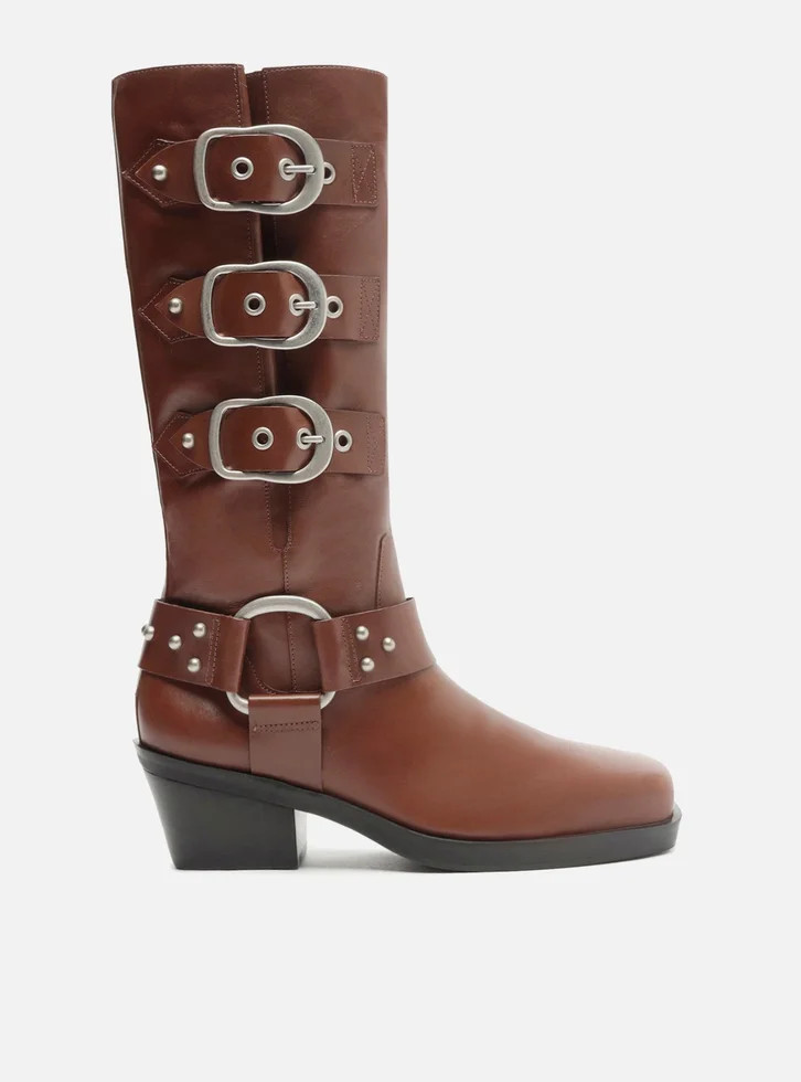 Bota Marrom Arezzo Couro Cano Médio Montaria West Fivelas | ZZ Mall (BR)