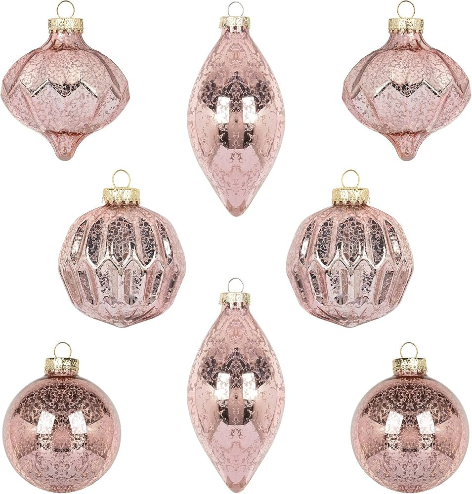KI Store Mercury Glass Christmas Ornaments Set of 8 Pink Christmas Balls Finials for Christmas Tr... | Amazon (US)